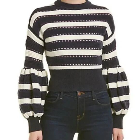 Self-Portrait Striped Balloon Sleeve Cropped Sweater Navy White Small Prep Twee - Picture 1 of 15